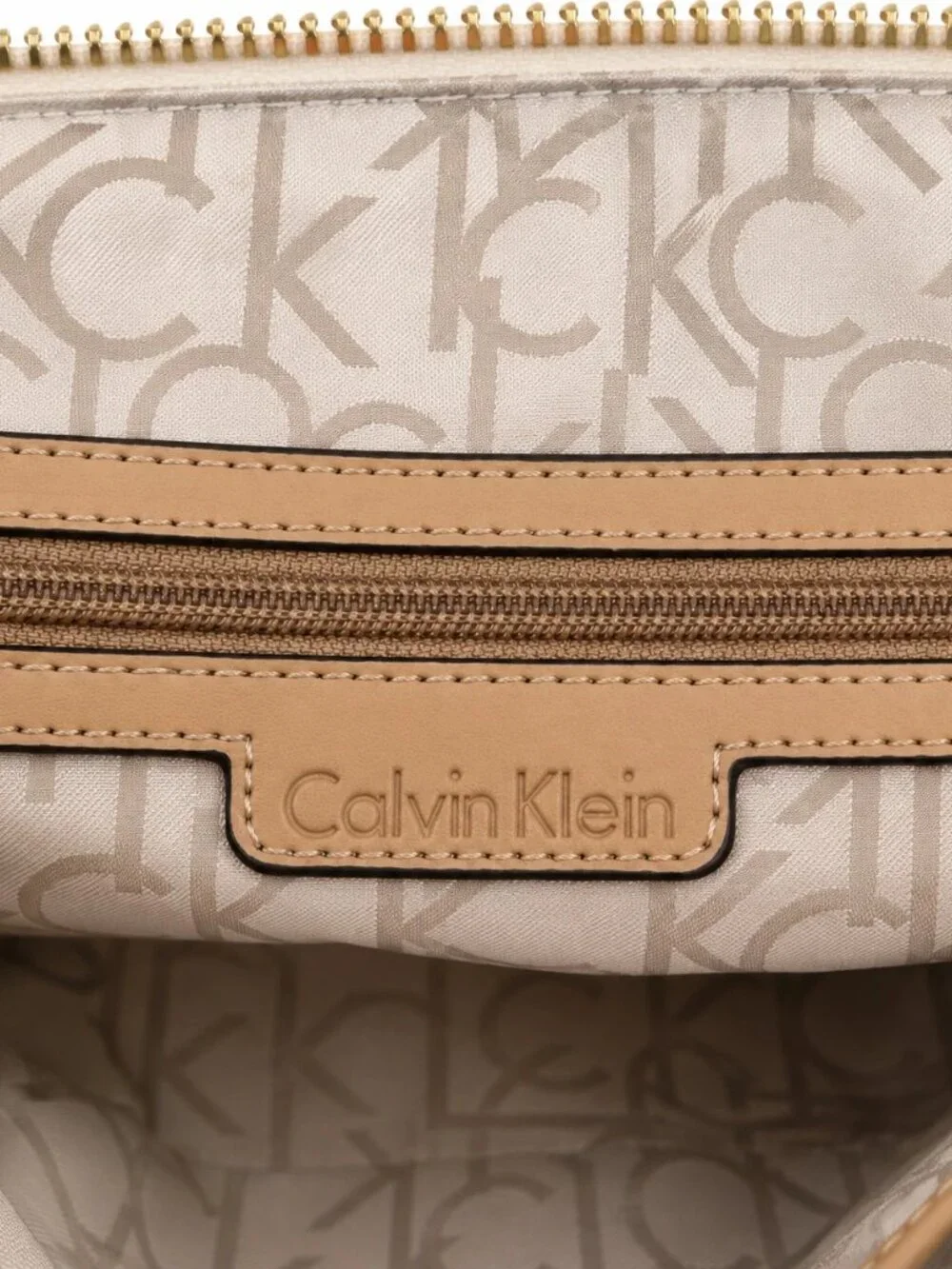 Calvin Klein CK Monogram Beige Tan Shoulder Bag Satchel Purse Gold Hardware